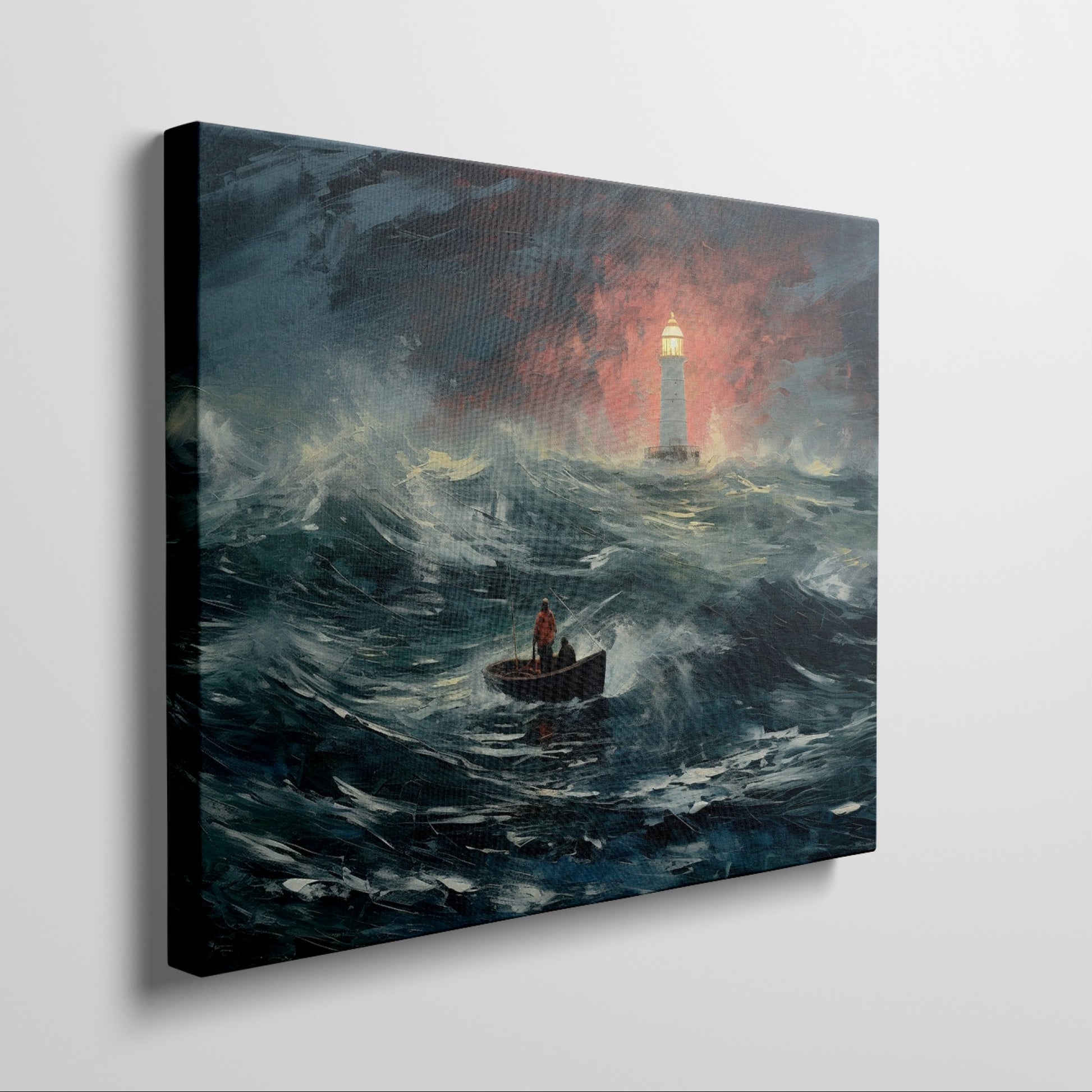 Framed canvas print of a stormy seascape with a lighthouse beacon and a boat at sea, featuring expressive brushstrokes and a dramatic red and blue colour scheme