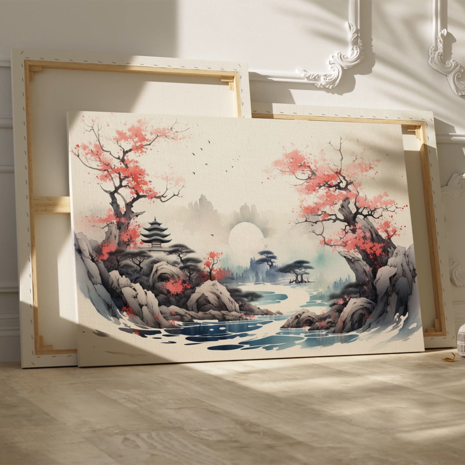 Framed canvas print of Oriental landscape with cherry blossoms and pagoda