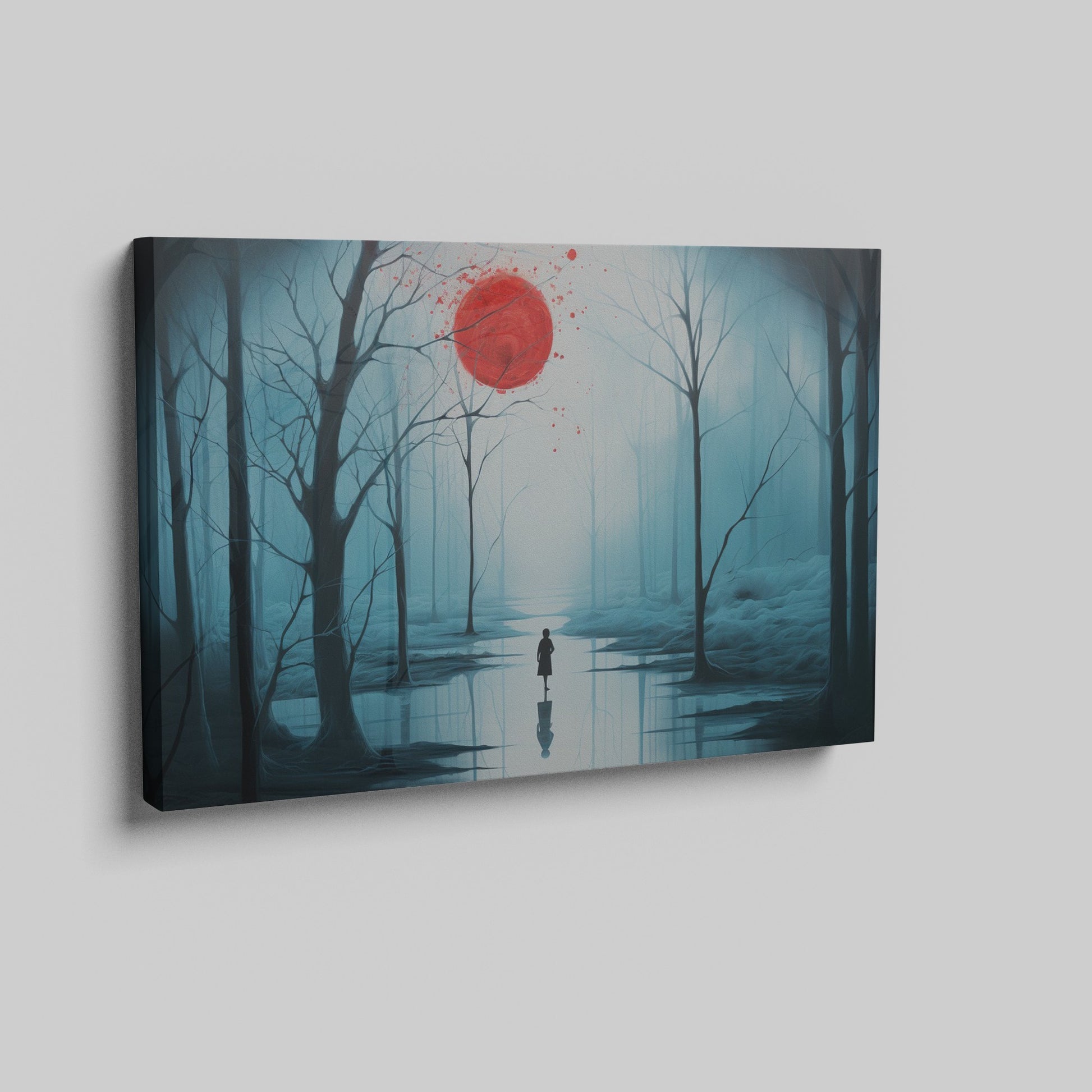 Framed canvas print of a mysterious blue forest with a vibrant red moon and a lone silhouette reflected on the water