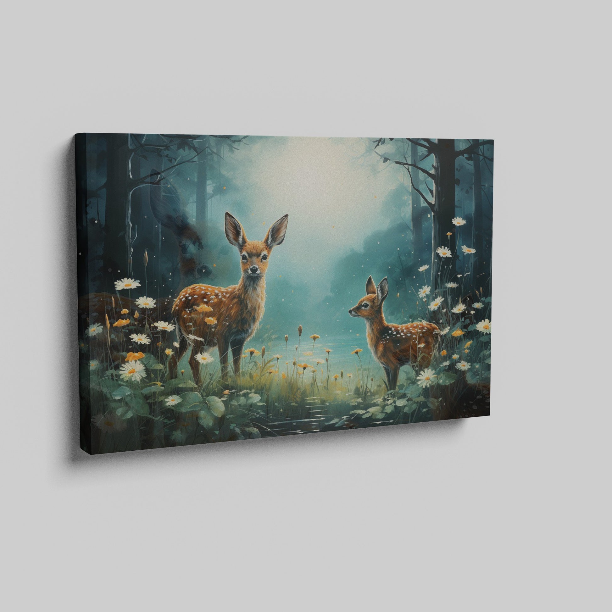 Framed canvas print of two fawns amidst a mystical forest with blooming daisies