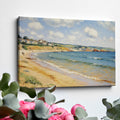 Framed canvas print of Impressionist seascape featuring a sunlit British coastline with blue waters and sandy beach