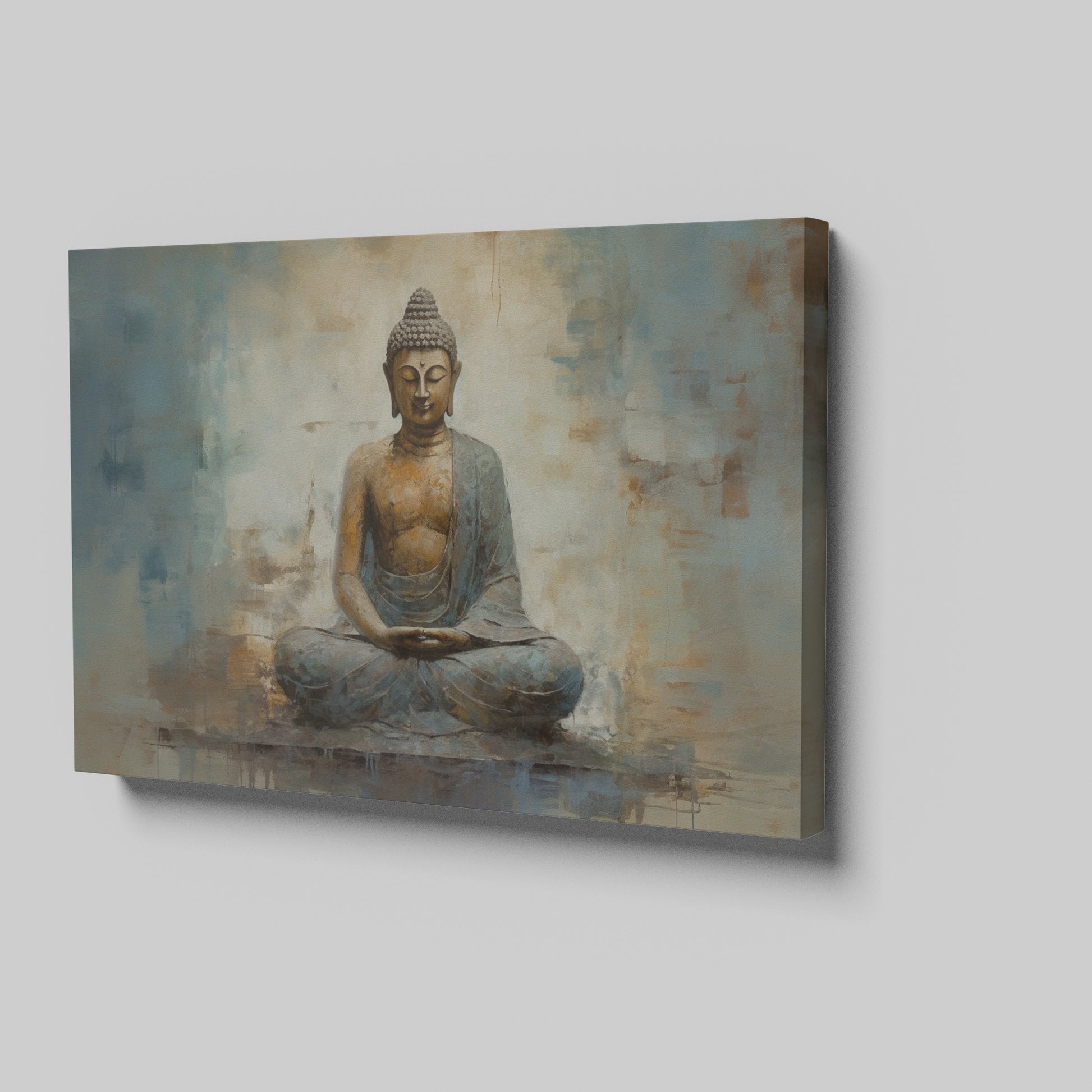 Framed canvas print of a serene Buddha in meditative pose with abstract earthy background