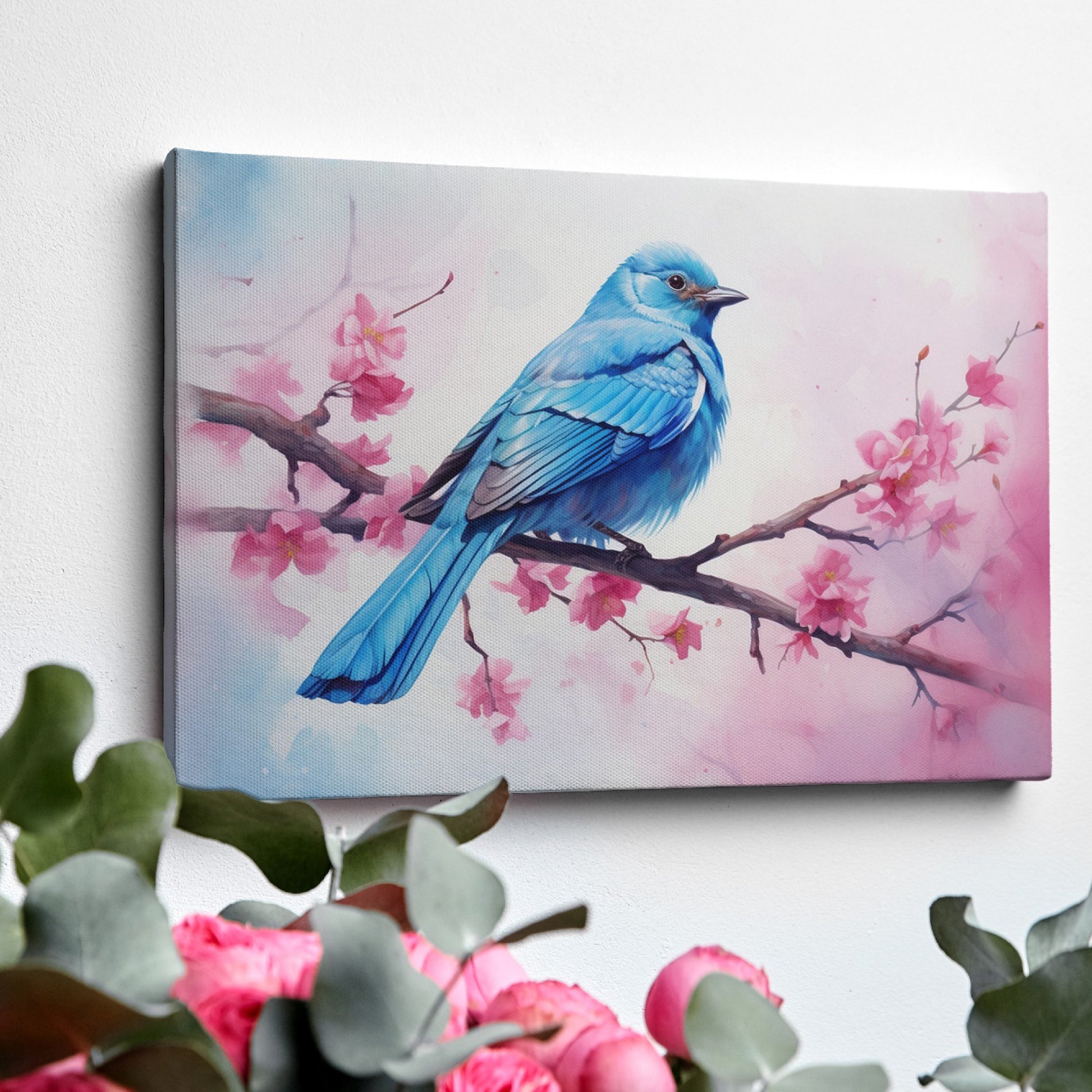 Framed canvas print of a bluebird and cherry blossoms in pastel watercolour