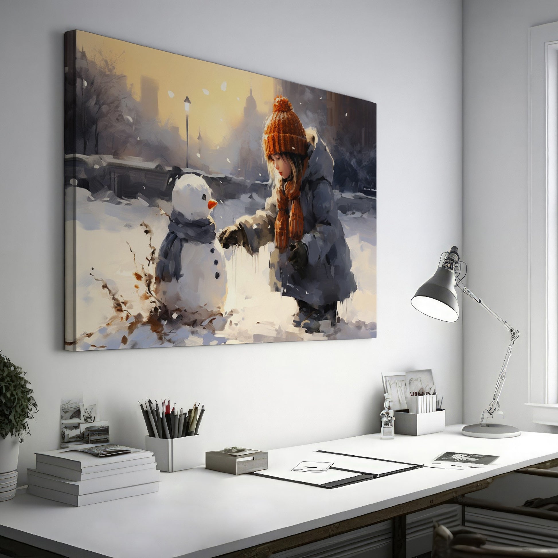 Framed canvas print of a child building a snowman in a snowy urban park during golden hour