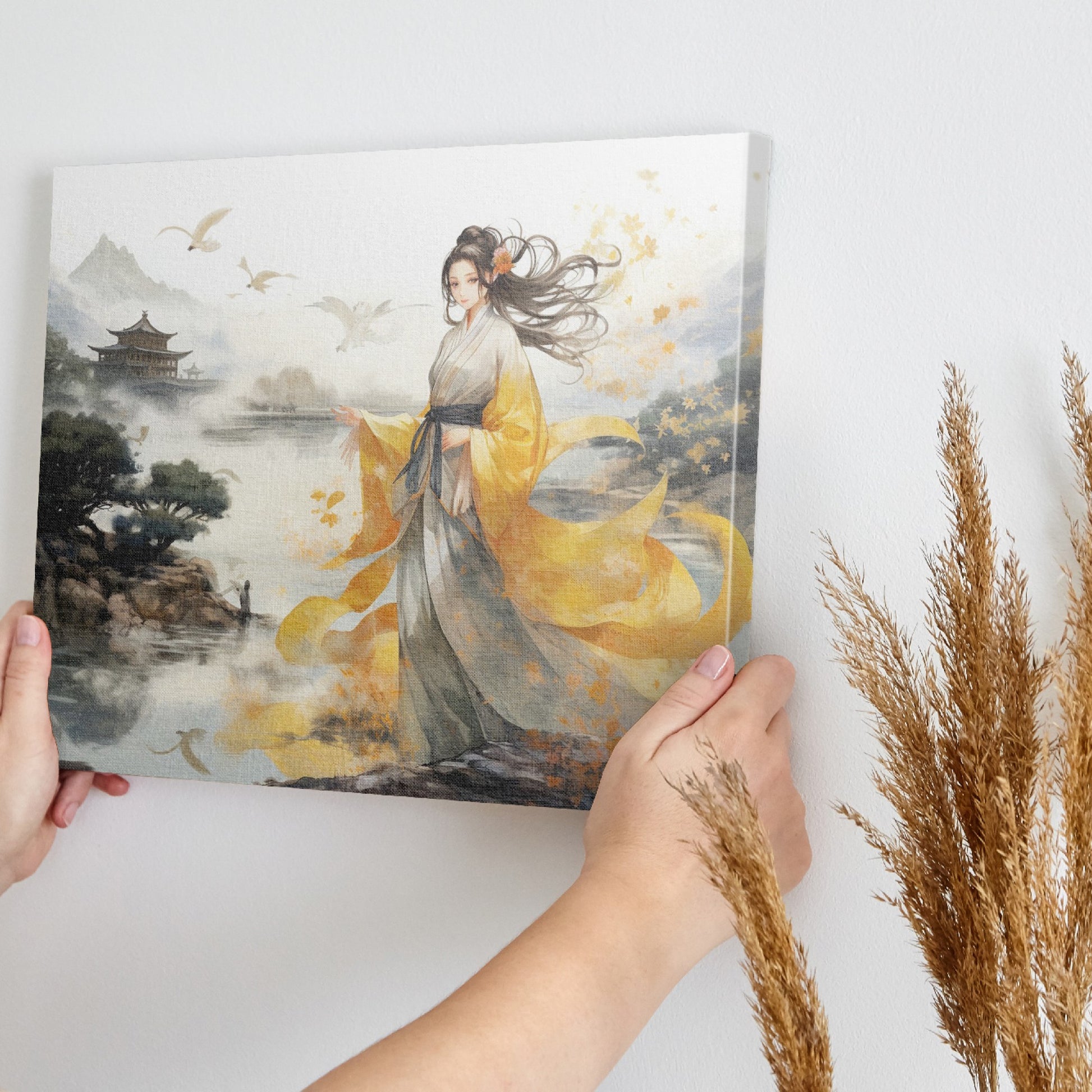 Framed canvas print of an elegant woman in traditional Oriental clothing with a landscape