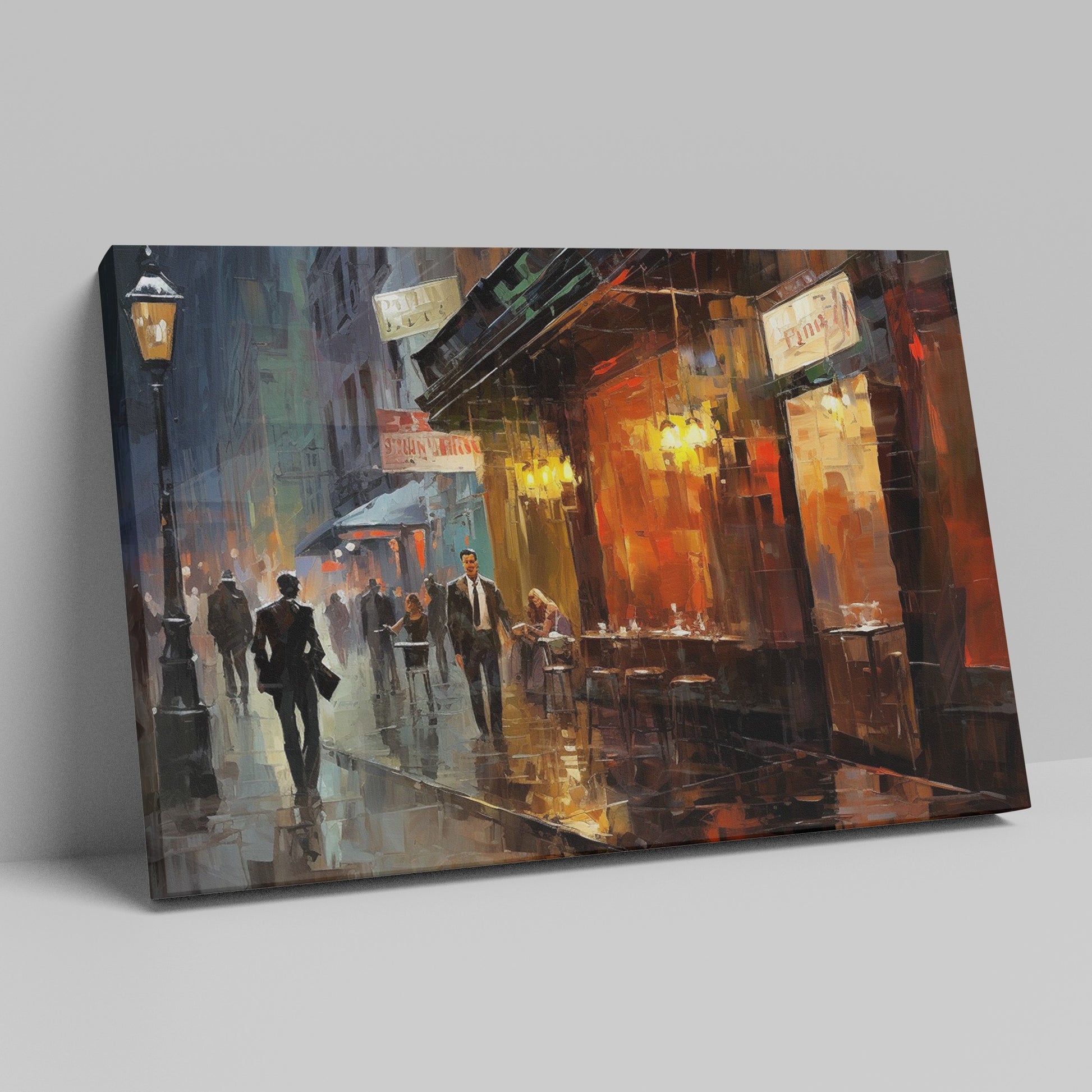 Framed canvas print of a rainy evening cityscape with warm glowing lights and reflections