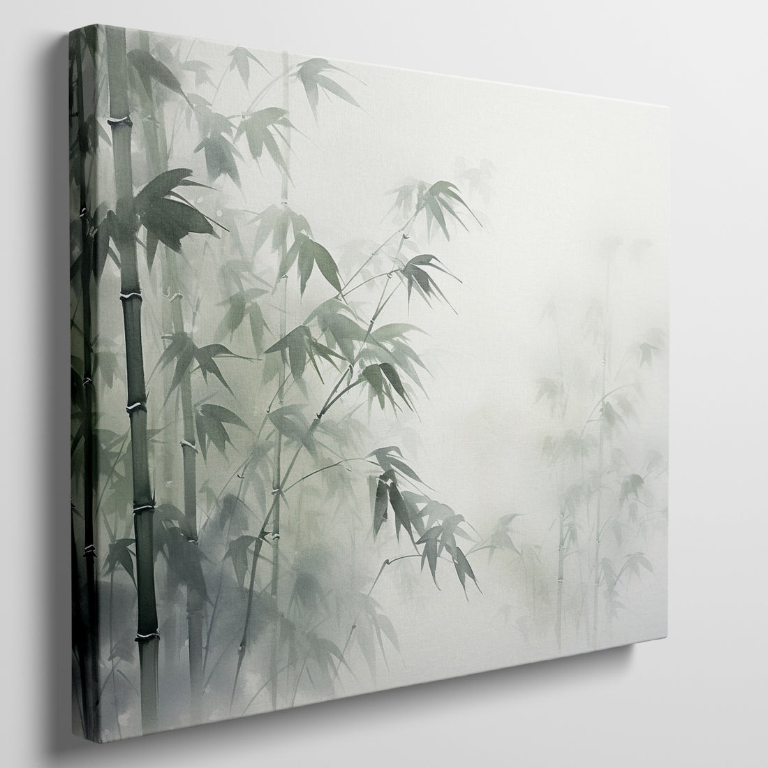 Framed canvas print of a misty bamboo forest in tranquil green and white tones