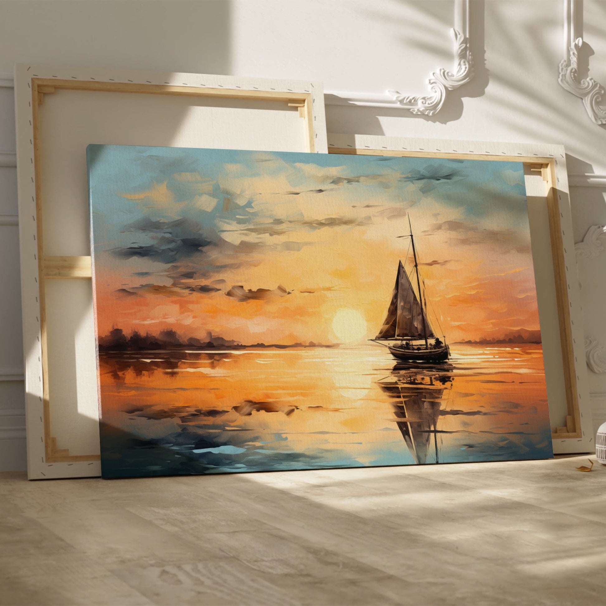 Framed canvas print of sailboat against golden sunset with peaceful ocean reflection