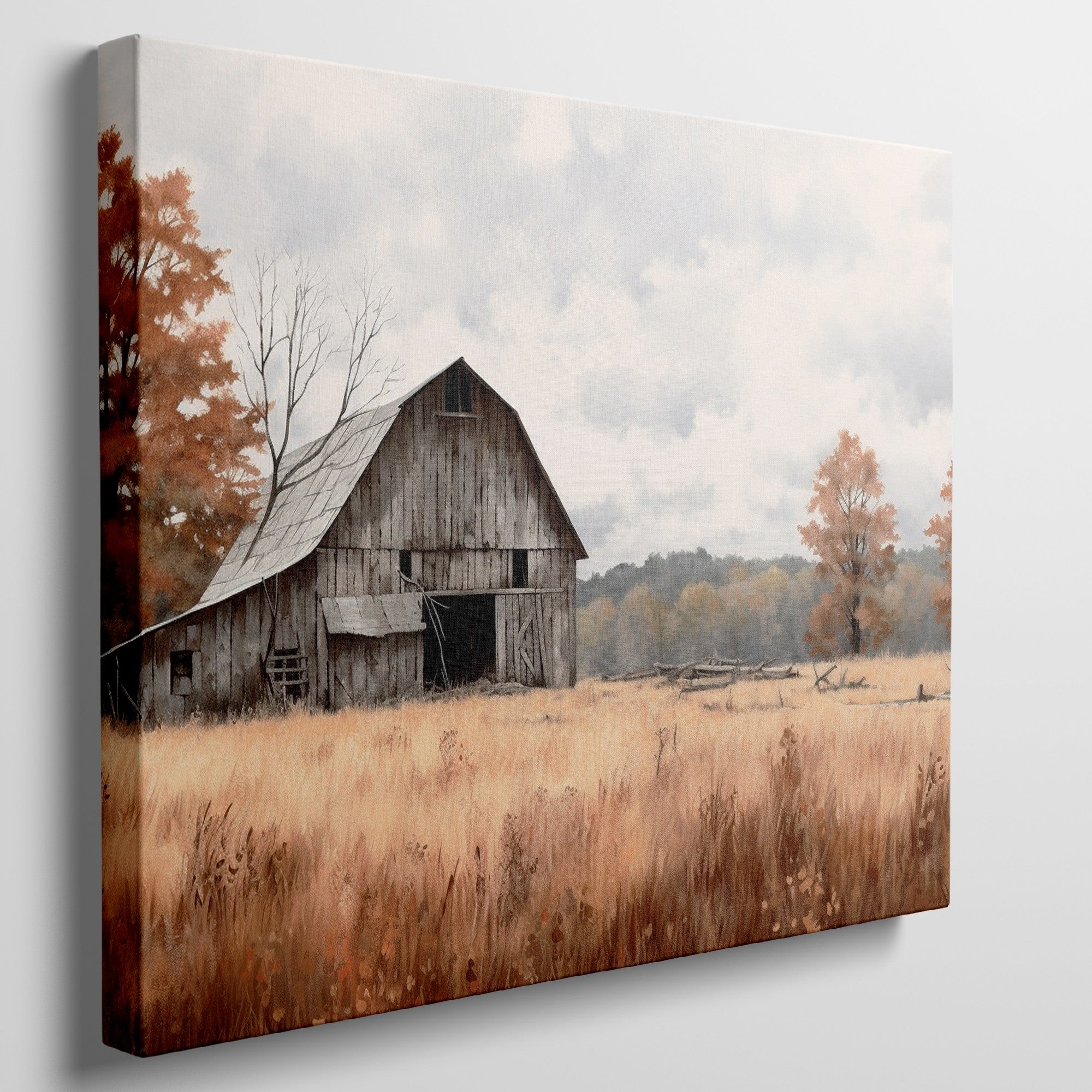 Framed canvas print of an autumnal rustic barn and golden fields