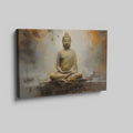 Framed canvas print of a meditative Buddha against an abstract, warm-toned background