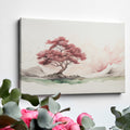 Framed canvas print of a serene ink wash painting featuring a cherry blossom tree and misty landscape