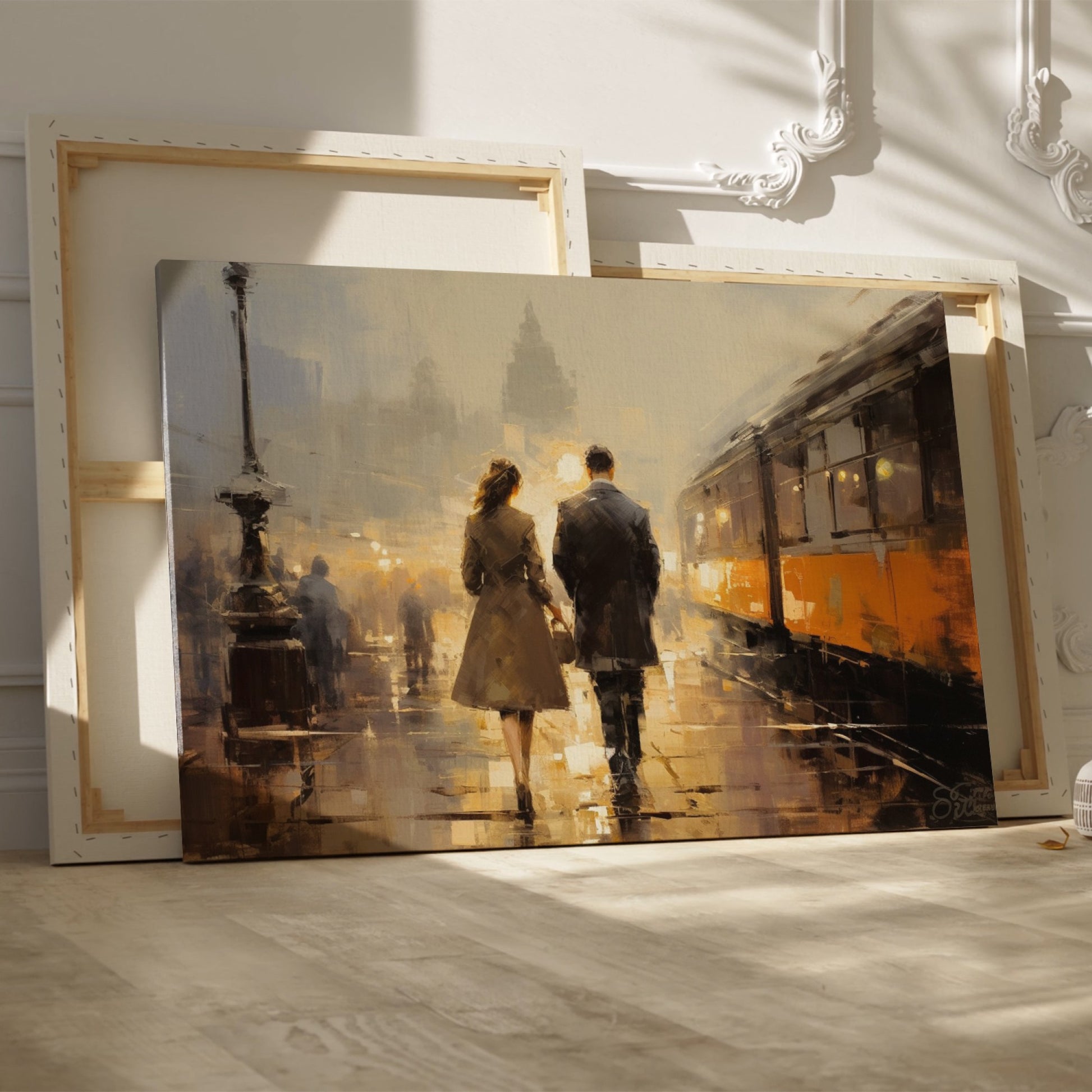 Framed canvas print of a couple's evening city walk with reflections and warm light tones