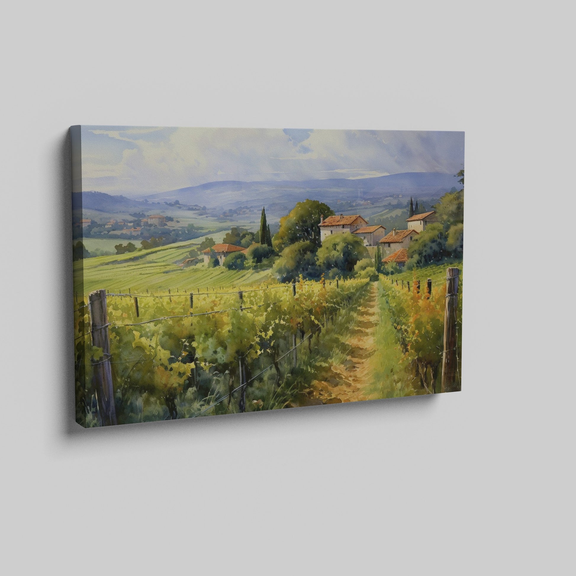 Framed canvas print of Tuscan vineyard and countryside landscape with vibrant colours and rustic farmhouses