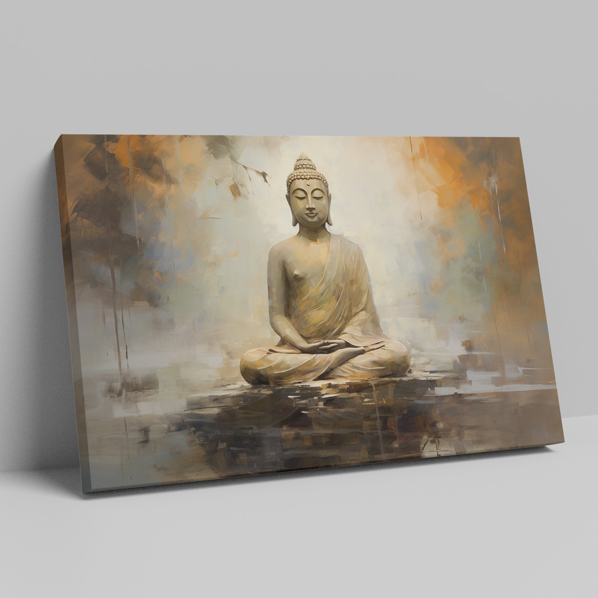 Framed canvas print of a meditative Buddha against an abstract, warm-toned background