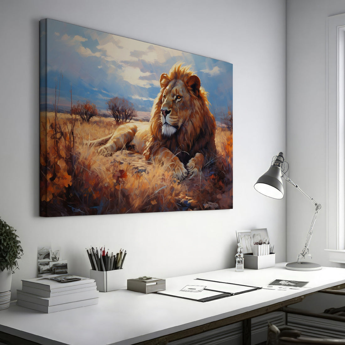 Framed canvas print of a majestic lion basking in the golden light of the African savannah