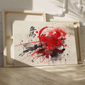 Framed canvas print of abstract red and black ink splash with oriental calligraphy