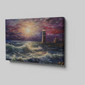 Framed canvas print of a dramatic sunset over a tempestuous sea with a lighthouse