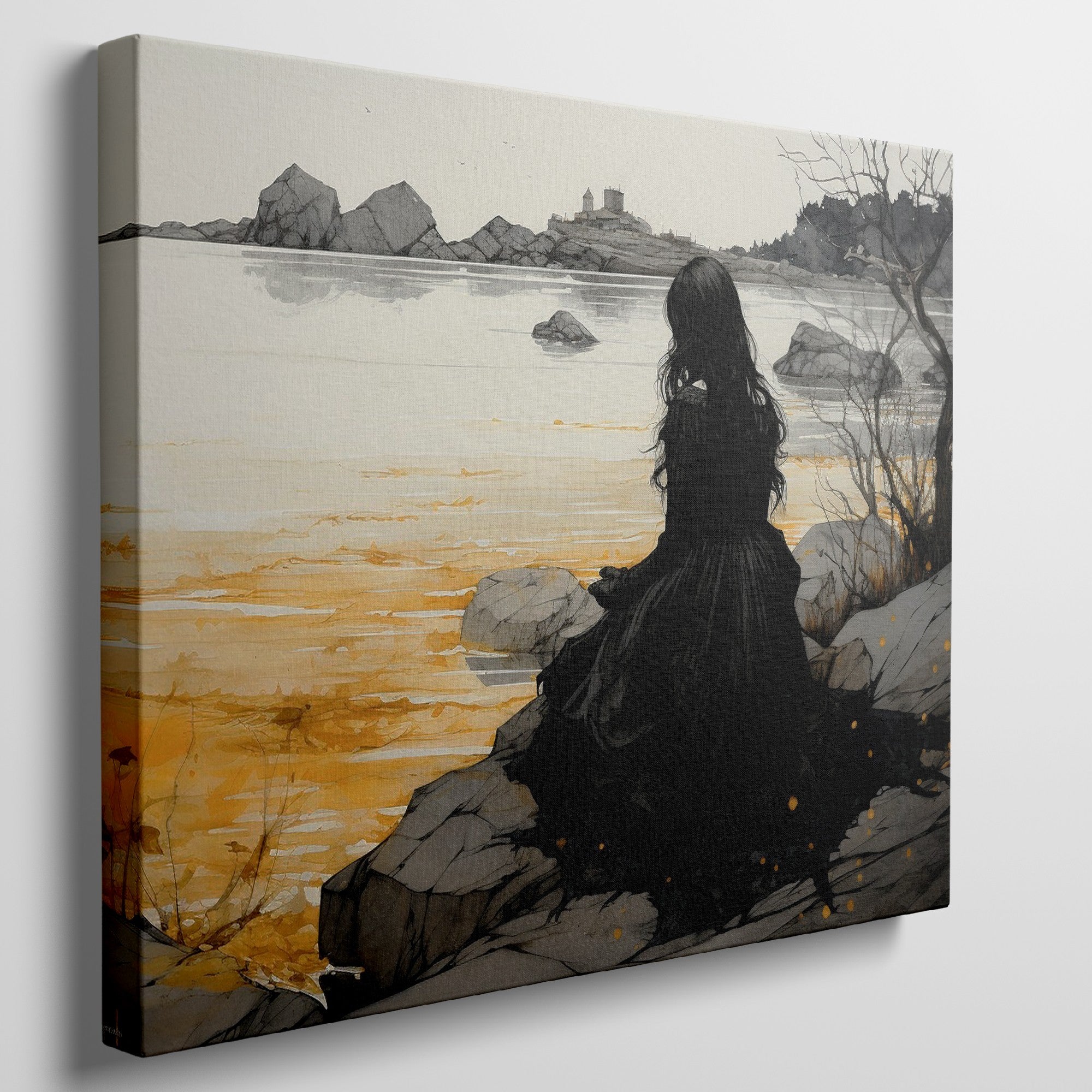 Framed canvas print of a woman in a gothic gown overlooking a golden sunset seascape with a castle