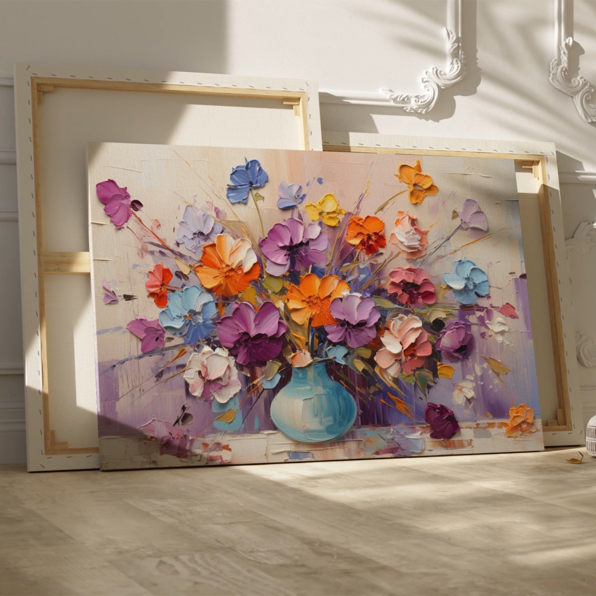 Framed canvas print of vibrant impasto bouquet in a vase with rich textures and colours