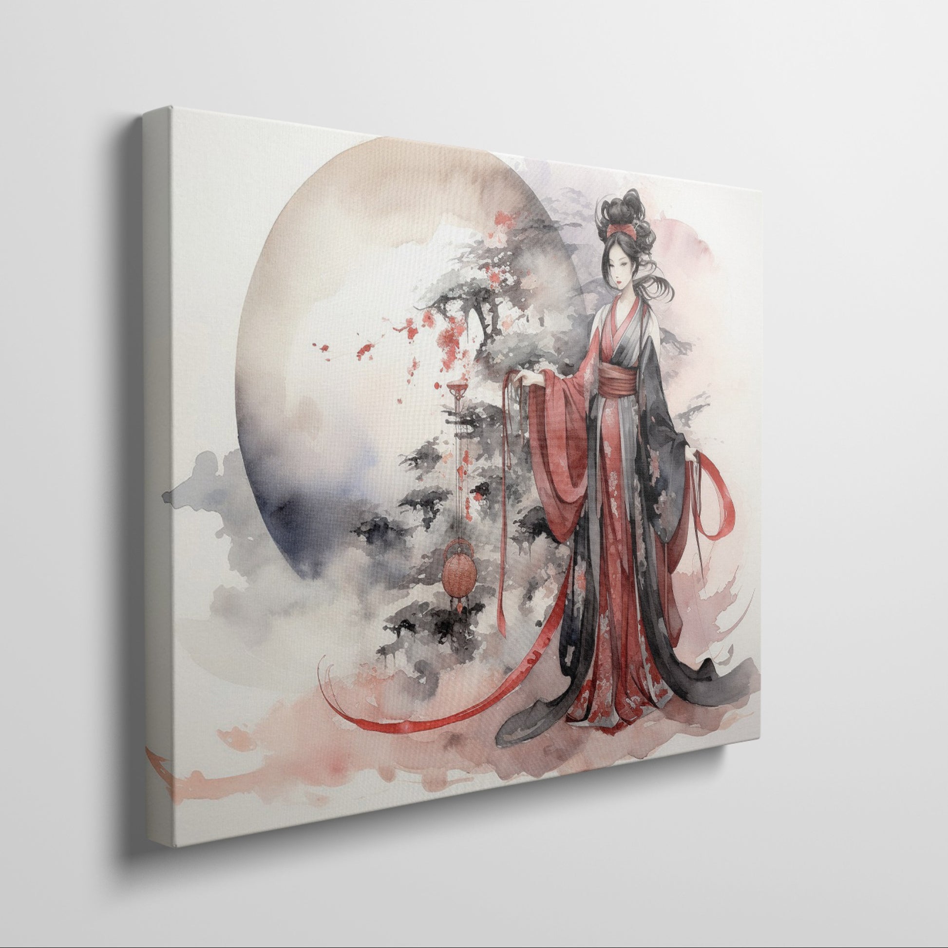 Framed canvas print of an Elegant Geisha in traditional Japanese attire with a sakura blossom and moon backdrop