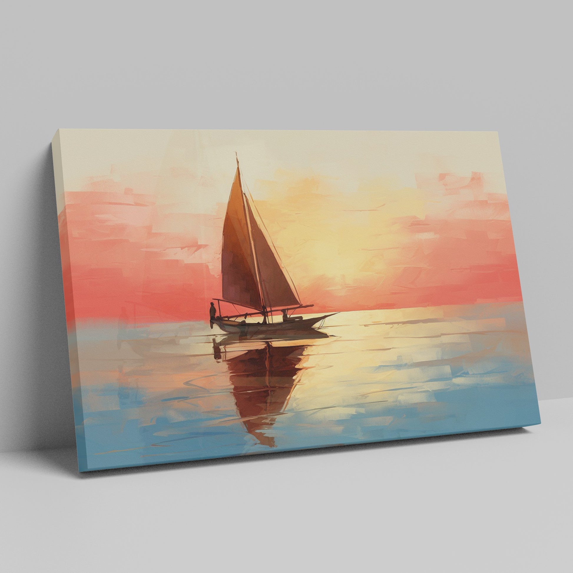 Impressionistic sailboat at sunset with vibrant orange, red, and blue hues reflecting on water