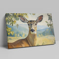 Framed canvas print of a realistic deer in a serene countryside setting with lush foliage