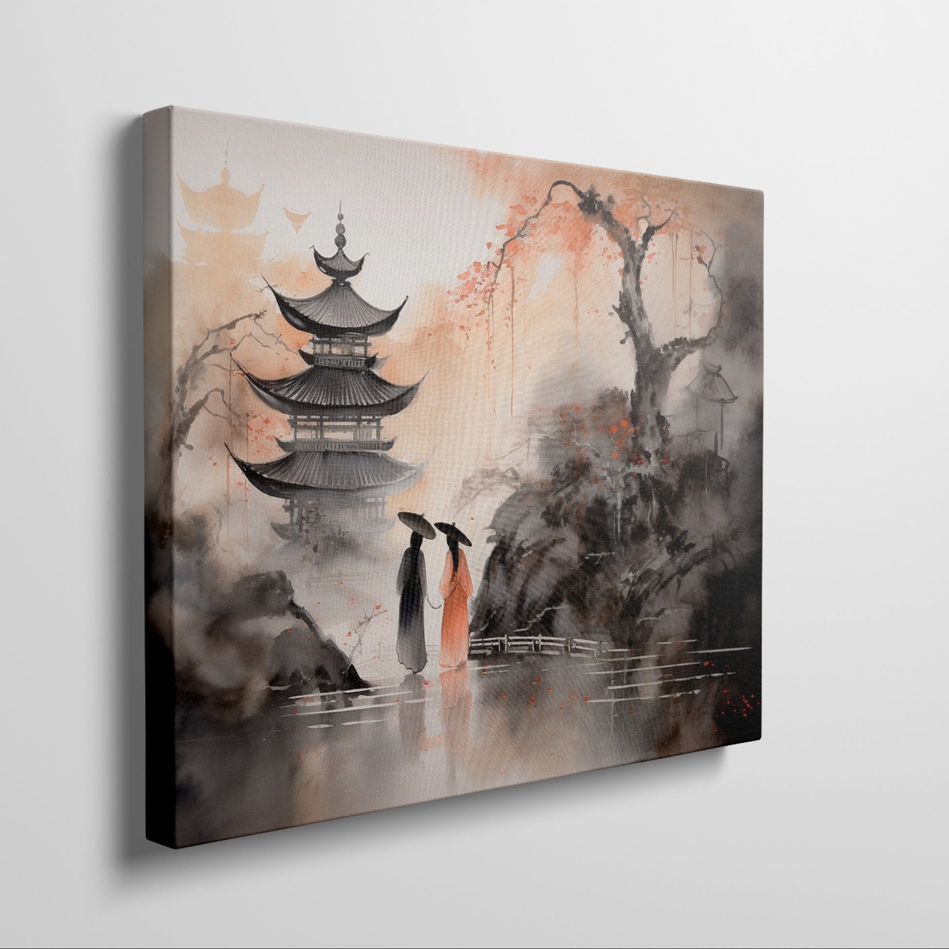 Framed canvas print of traditional Oriental scene with pagodas, cherry blossoms, and ink wash painting style