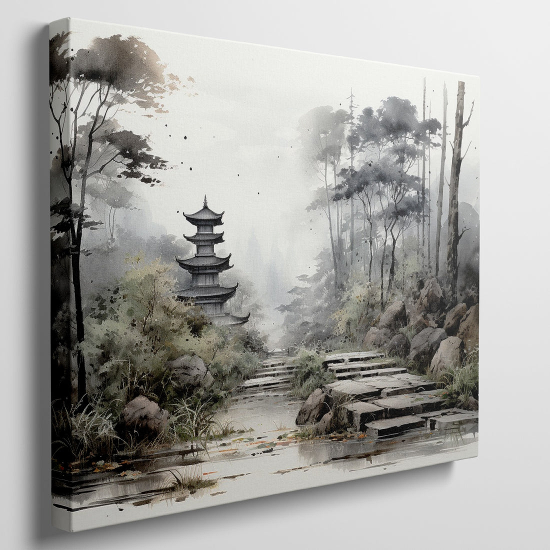 Framed canvas print of a misty oriental landscape with a pagoda and stone path