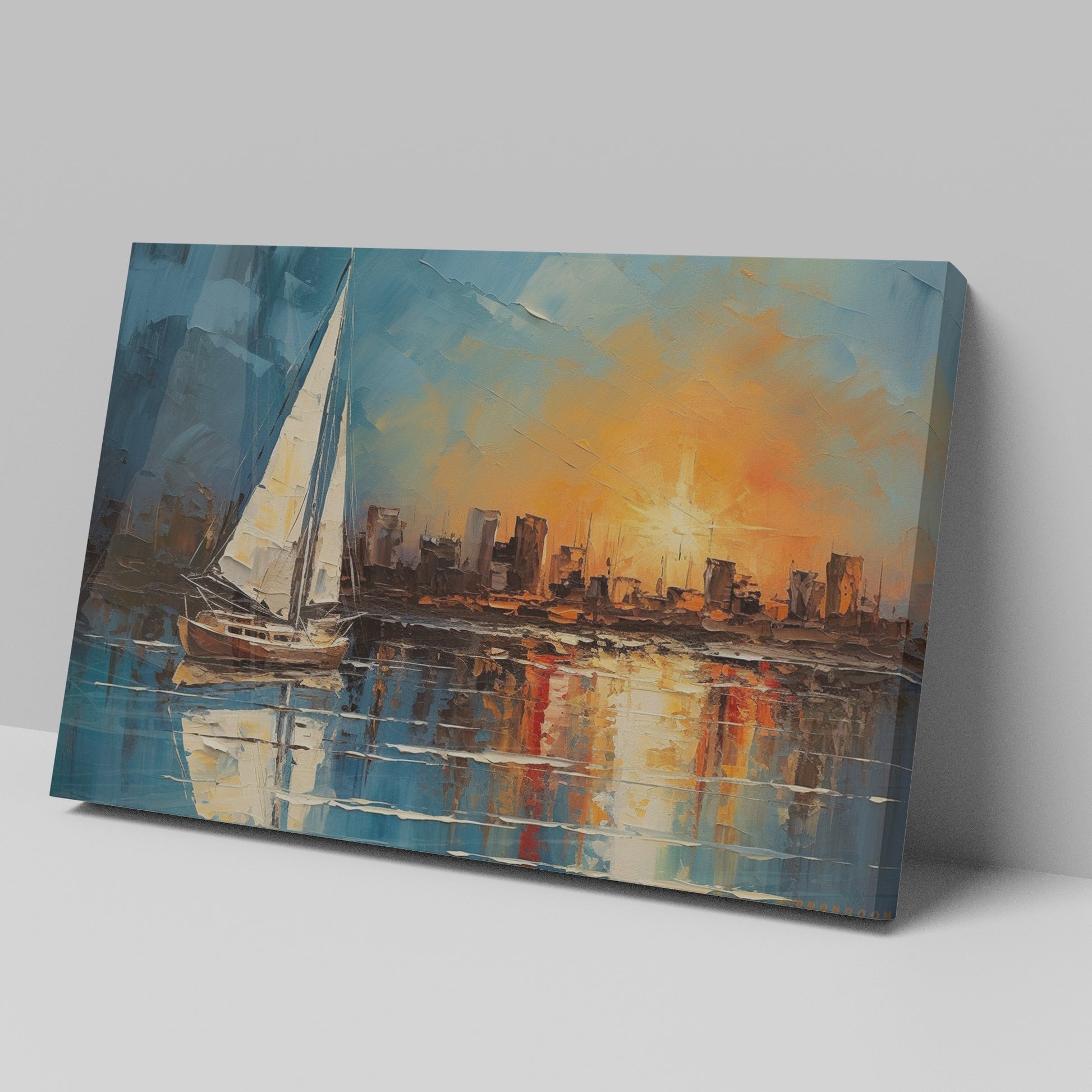 Framed canvas print of an impressionist painting with a sailboat against a sunset cityscape reflecting on the water