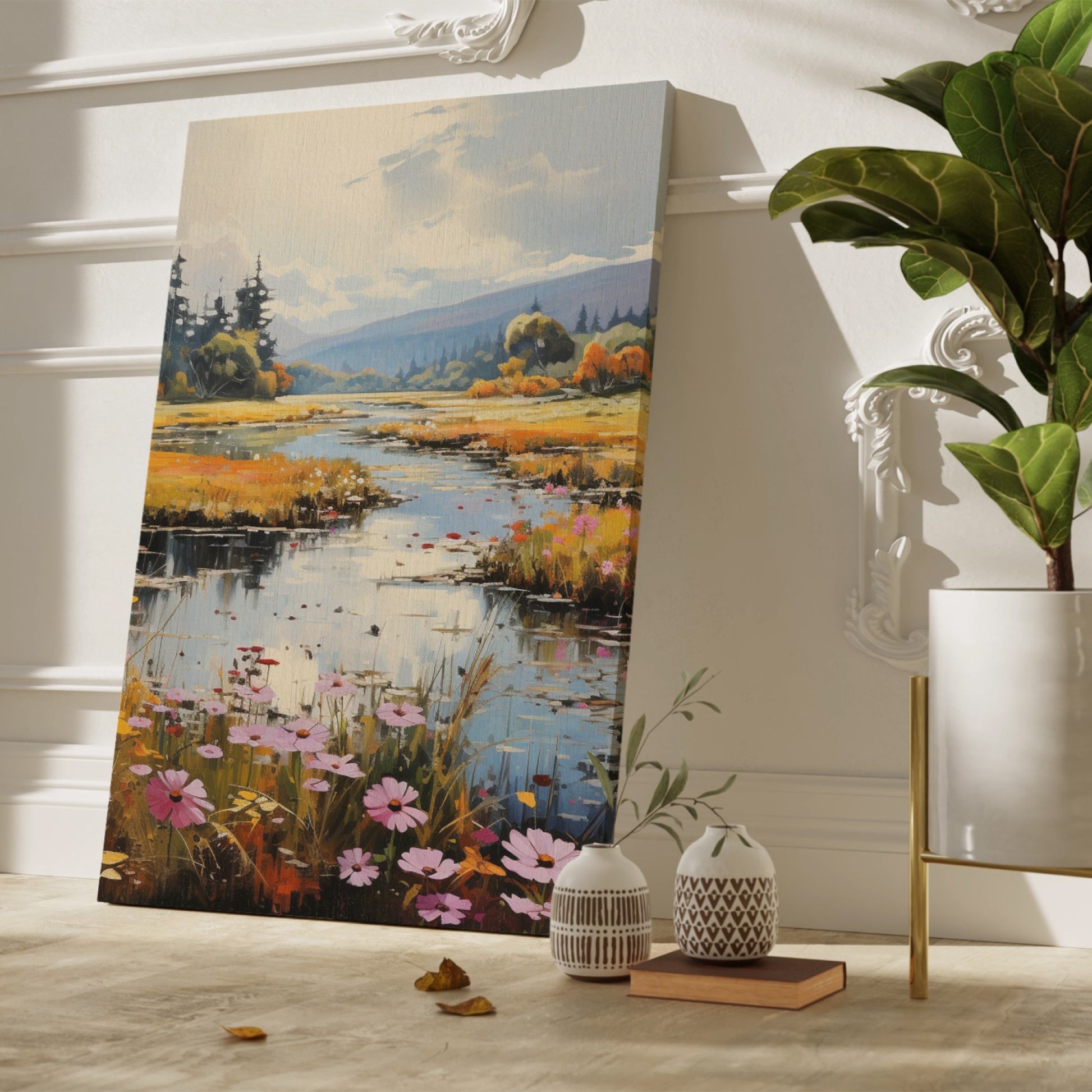 Framed canvas print of an autumnal river landscape with vibrant wildflowers and a tranquil woodland stream