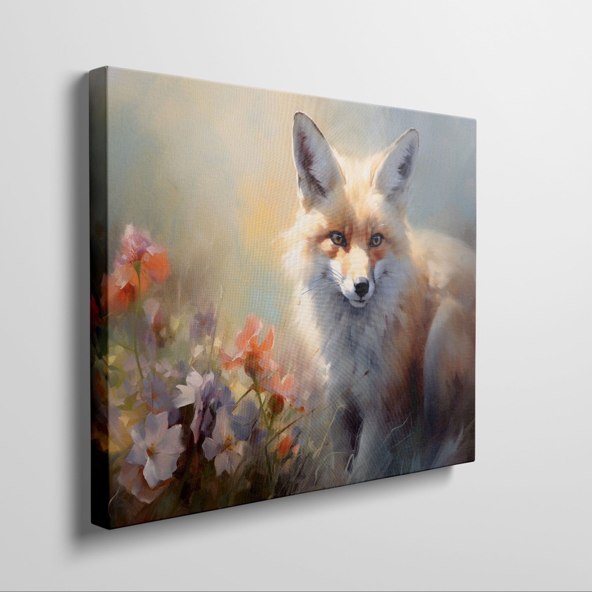 Framed canvas print of a majestic fox among vibrant wildflowers, with warm and impressionistic tones