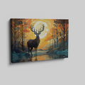 Abstract canvas art of a deer in a sunset forest scene with vibrant orange and blue colors.