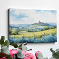 Framed canvas print of a Tuscan landscape with watercolor rolling hills and a village