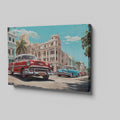 Framed canvas print of vintage cars and historic urban street scene in vibrant colours