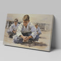 Framed canvas print of young karate students practicing in a dojo setting with warm neutral tones