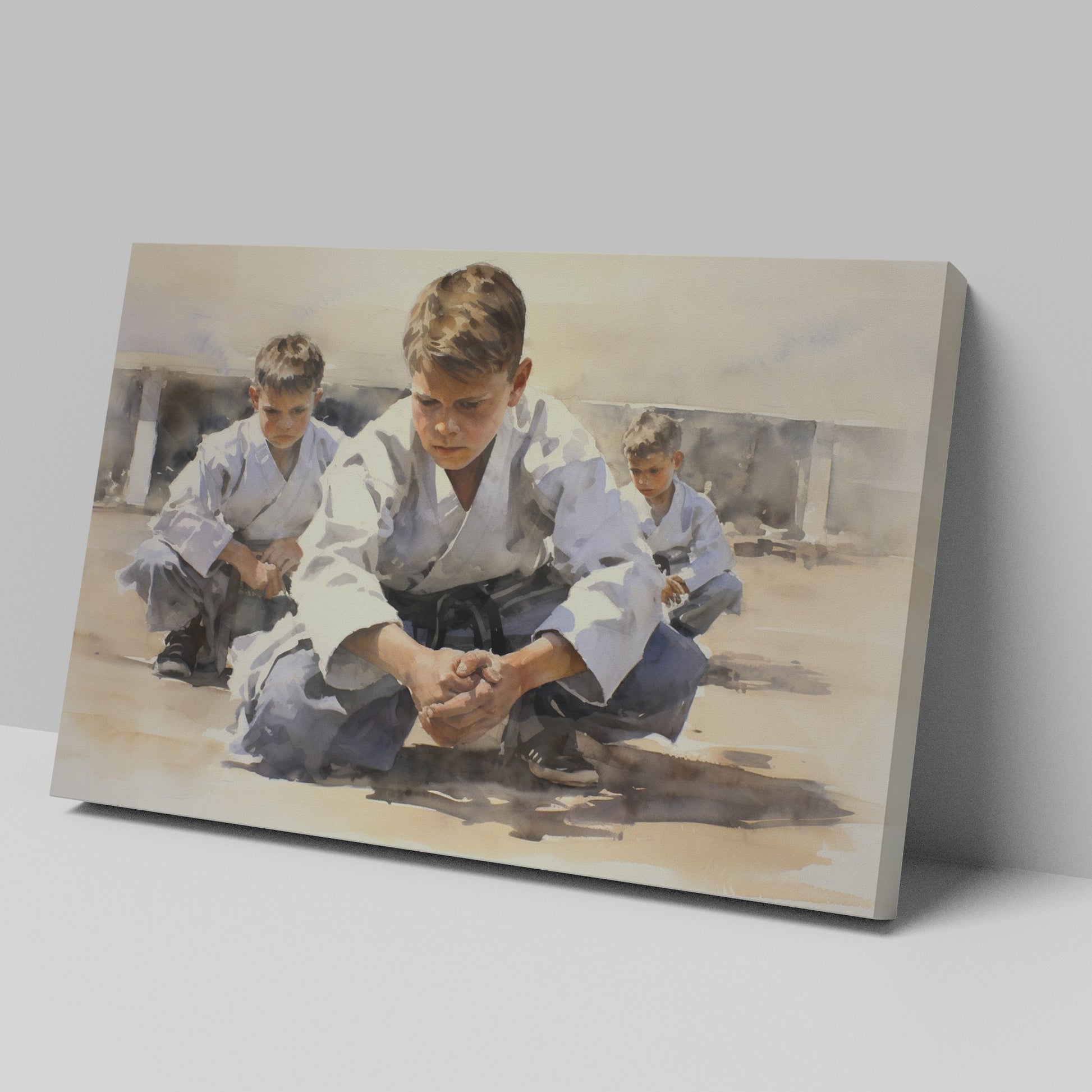 Framed canvas print of young karate students practicing in a dojo setting with warm neutral tones