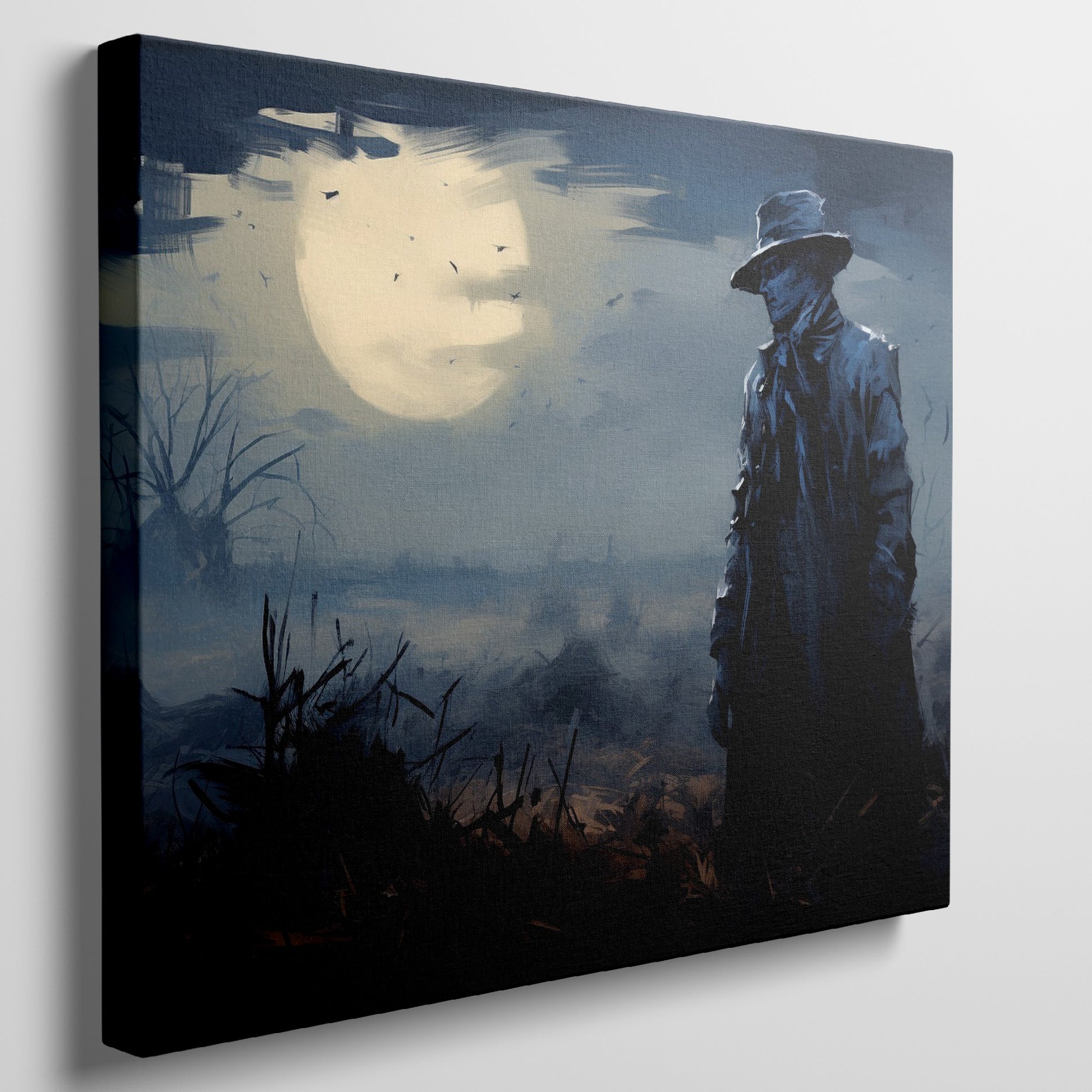 Framed canvas print of a mysterious figure under a moonlit, bird-strewn sky within a dramatic landscape