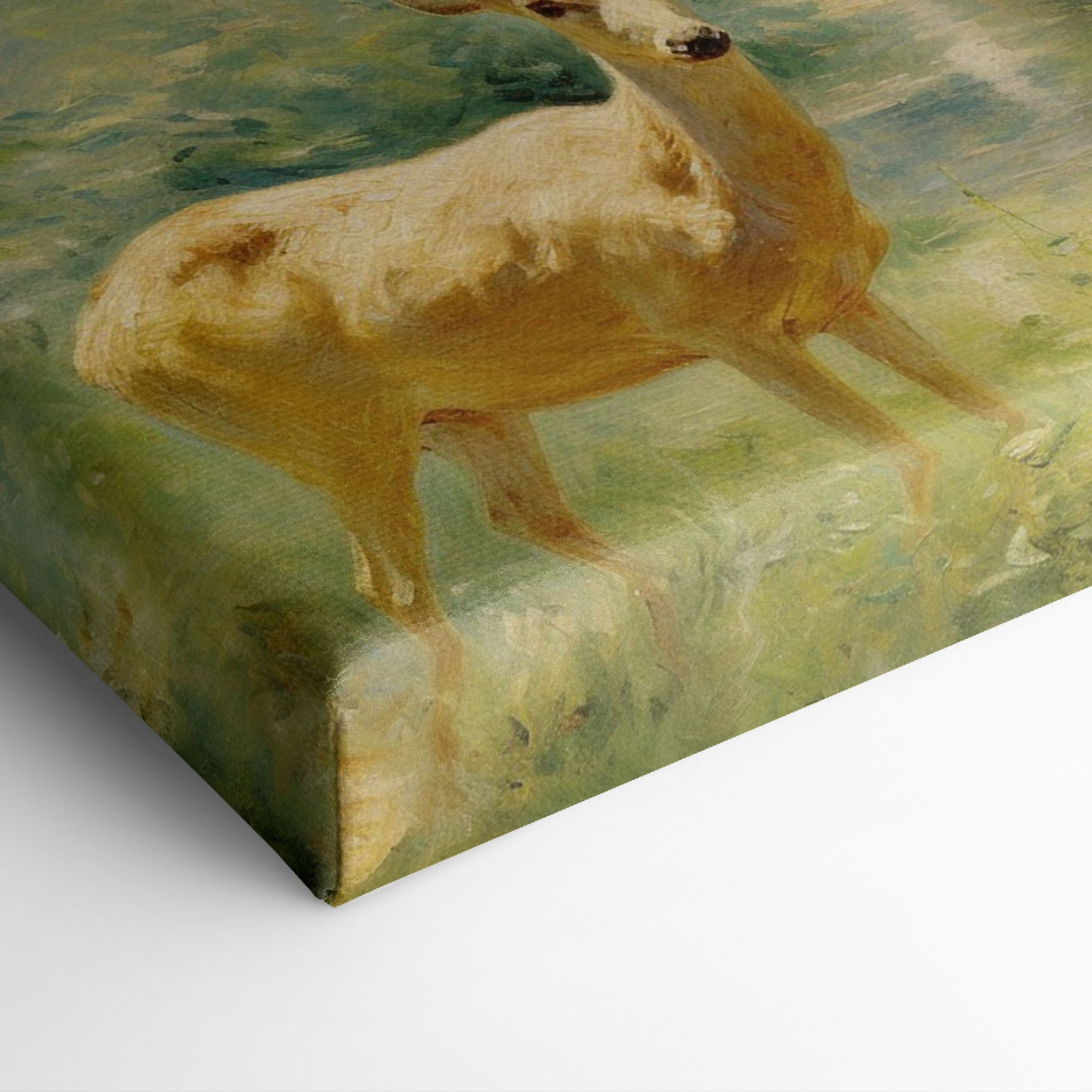 Framed canvas print of an Impressionist-style painting depicting a deer in a luminous, green forest