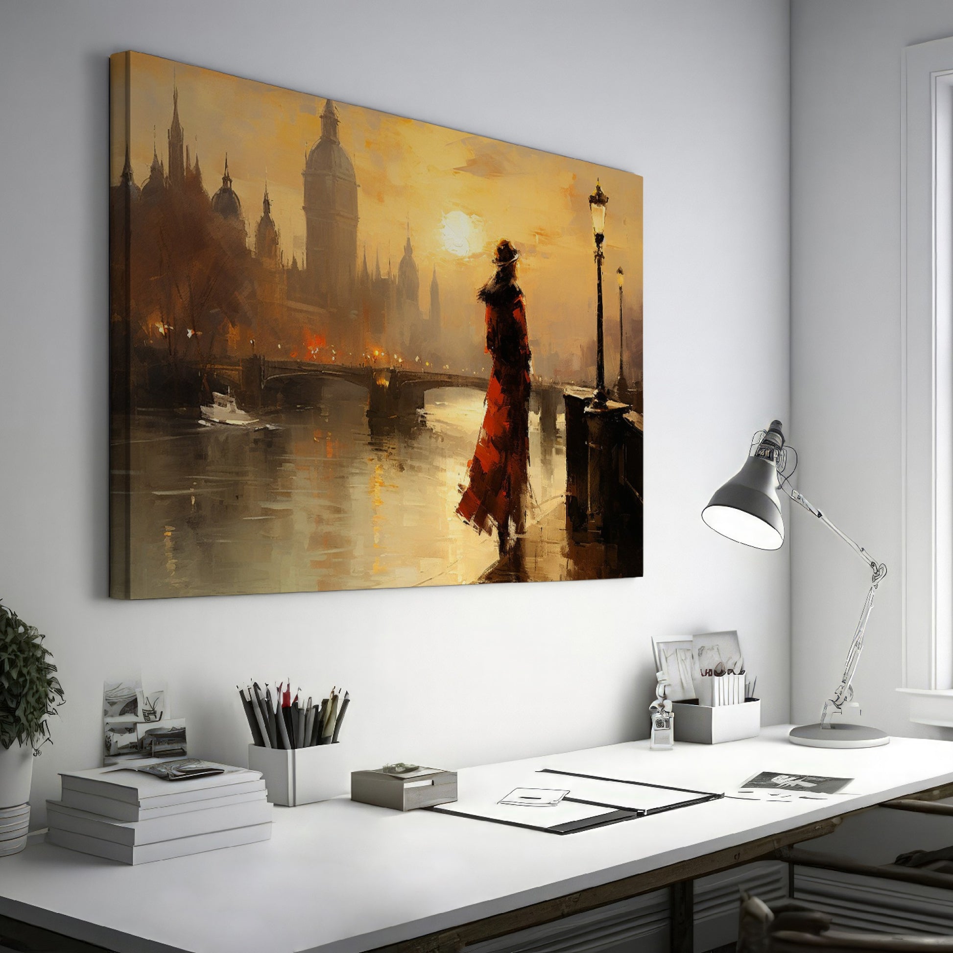 Framed canvas print of a vintage-style sunset over London's Thames, with elegant silhouette and warm colour palette