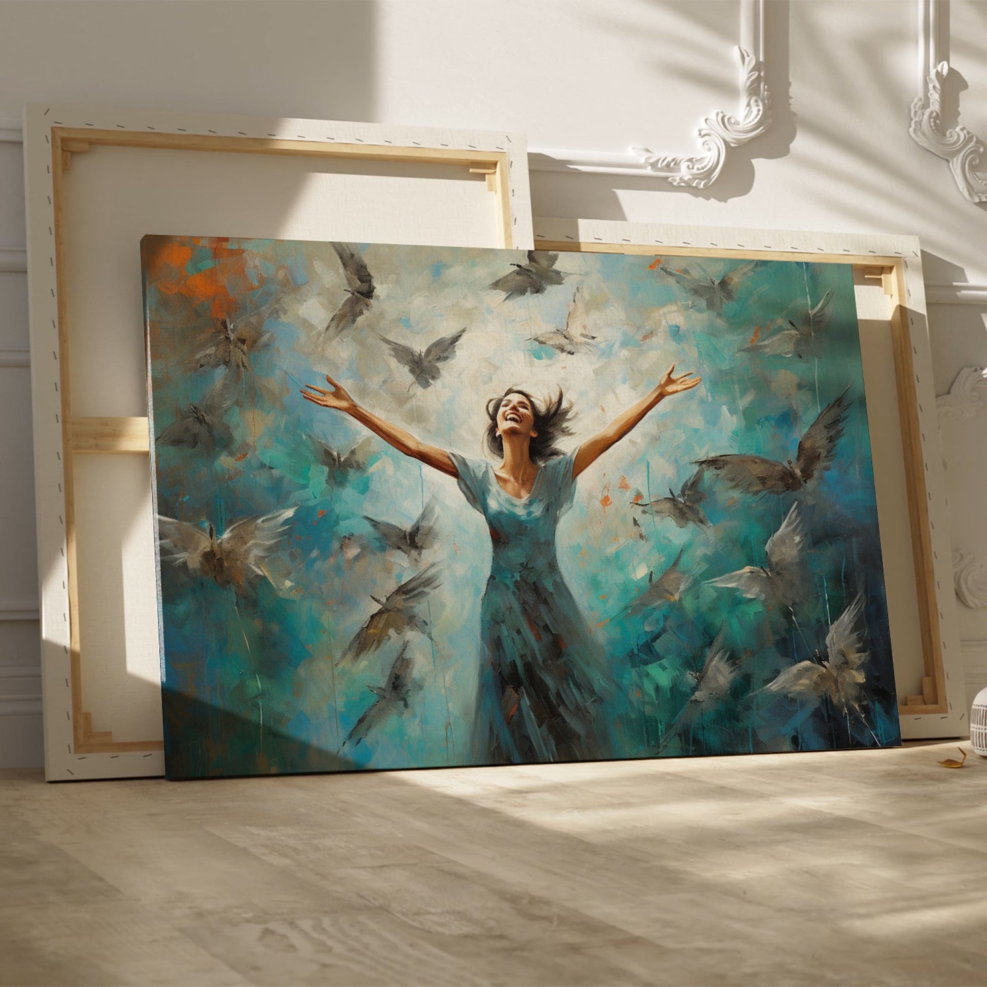 Framed canvas print of a woman joyfully embracing surrounded by impressionist styled birds