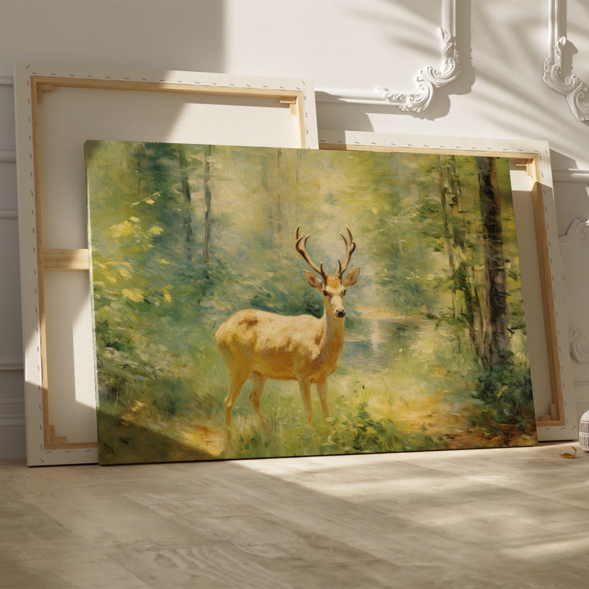 Framed canvas print of an Impressionist-style painting depicting a deer in a luminous, green forest