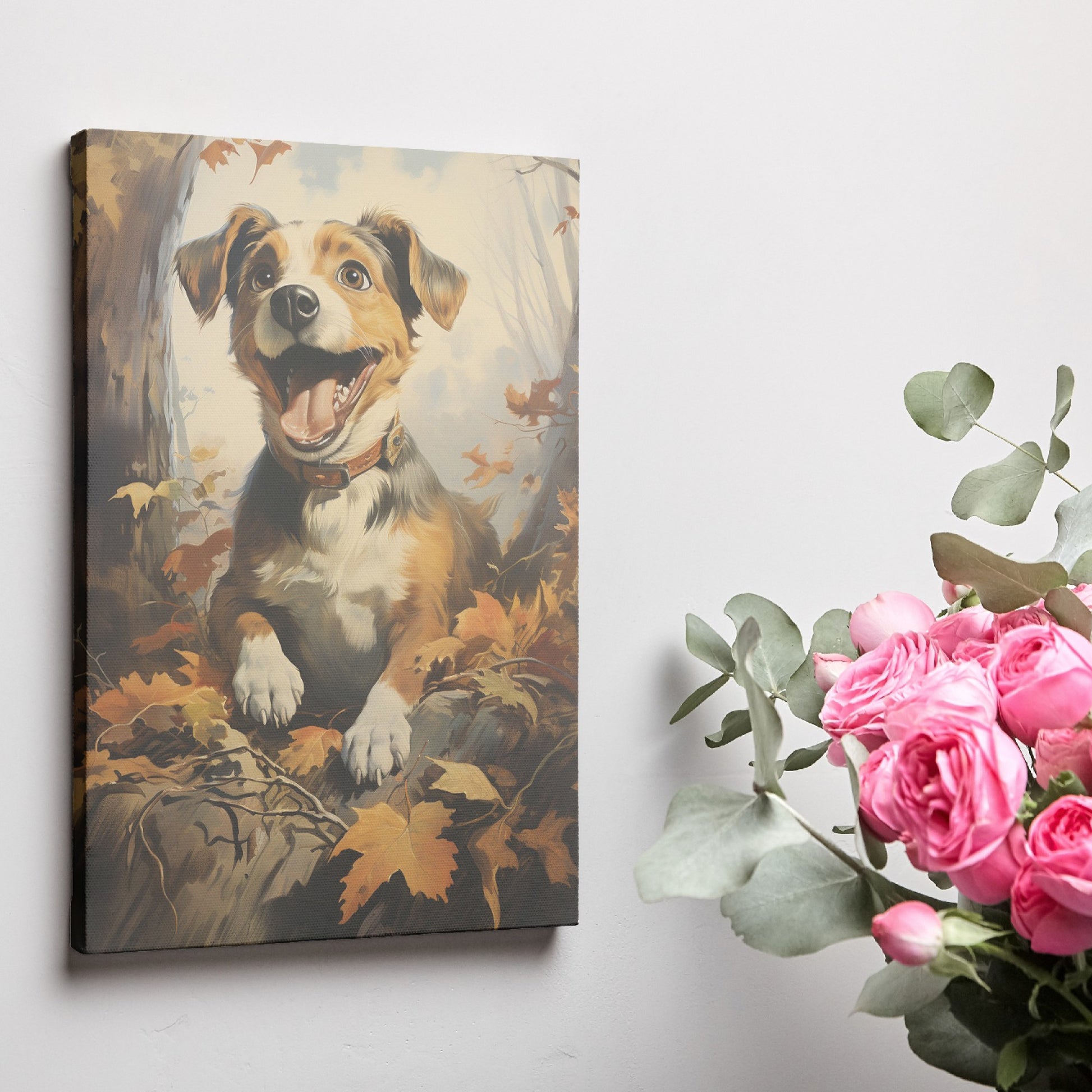 Framed canvas print of a cheerful dog surrounded by autumn leaves in a woodland setting