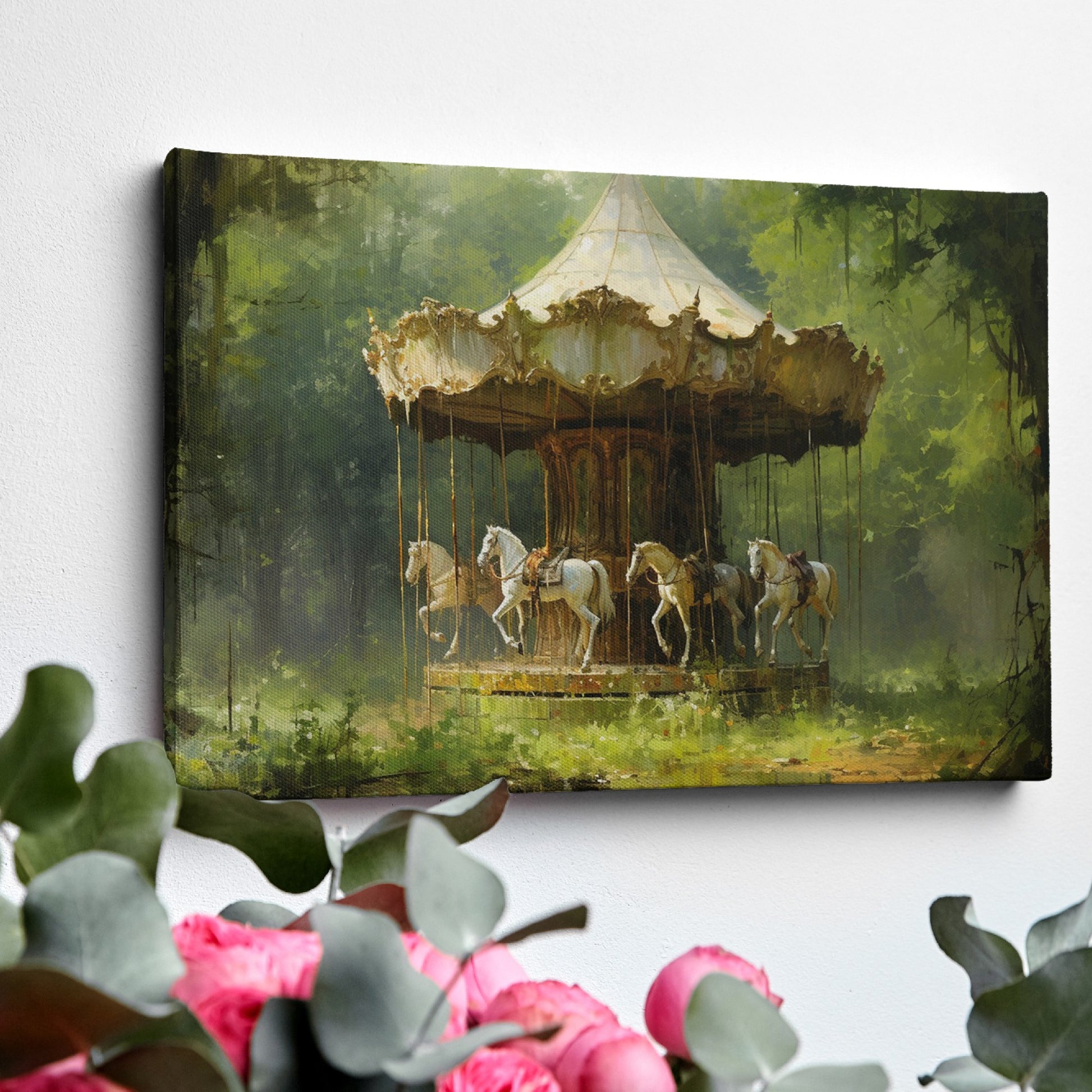 Framed canvas print of a vintage carousel in an enchanting forest setting with rich greenery and soft lighting