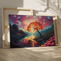 Framed canvas print of a vibrant autumnal landscape with sunset, serene lake, and colourful tree