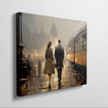 Framed canvas print of a couple's evening city walk with reflections and warm light tones