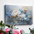 Framed canvas print of ethereal blue and white watercolour lotus flowers with a tranquil vibe