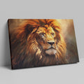 Framed canvas print of a resplendent lion with a fiery mane in earthy tones