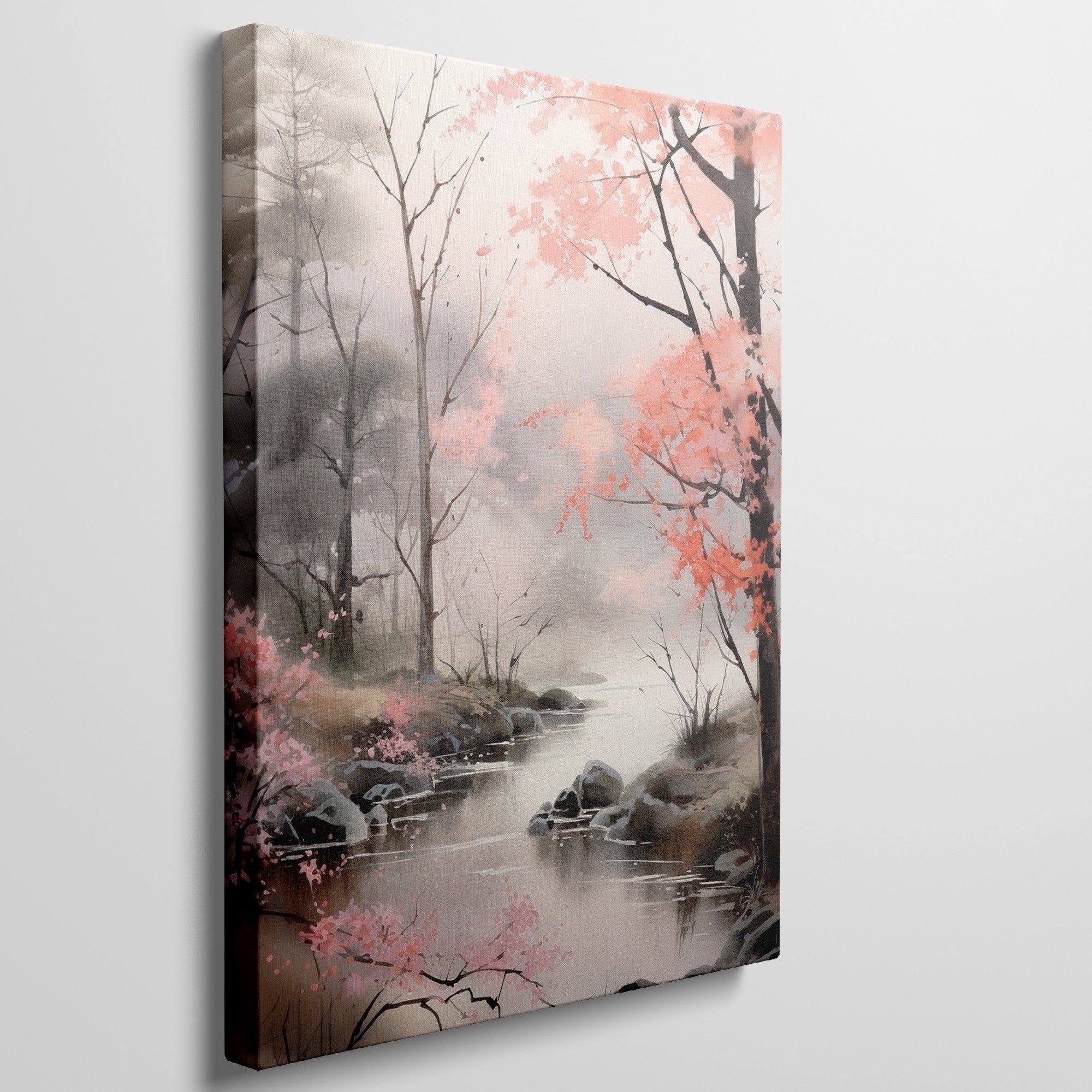 Framed canvas print of a misty forest stream with autumn cherry blossoms in pink and grey hues