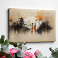 Framed canvas print of Oriental landscape with autumn colors and pagoda silhouettes