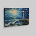 Framed canvas print of an impressionist lighthouse seascape with textured brushwork and dynamic ocean waves